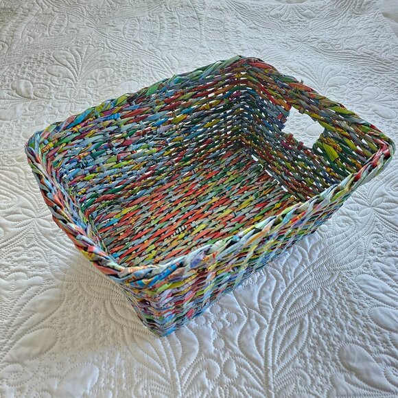 Handwoven Multicolor Rolled Paper Basket, Paper has Japanese (?) Writing - Picture 1 of 8
